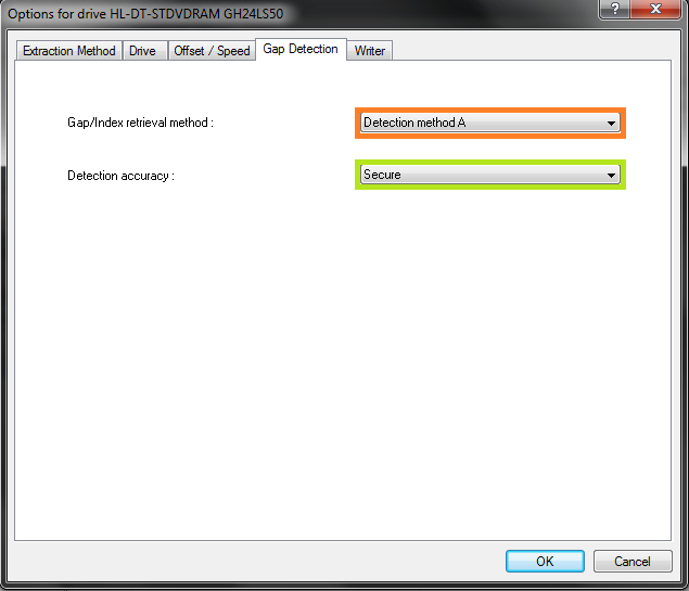 Exact Audio Copy setup screenshot for Configure drive options